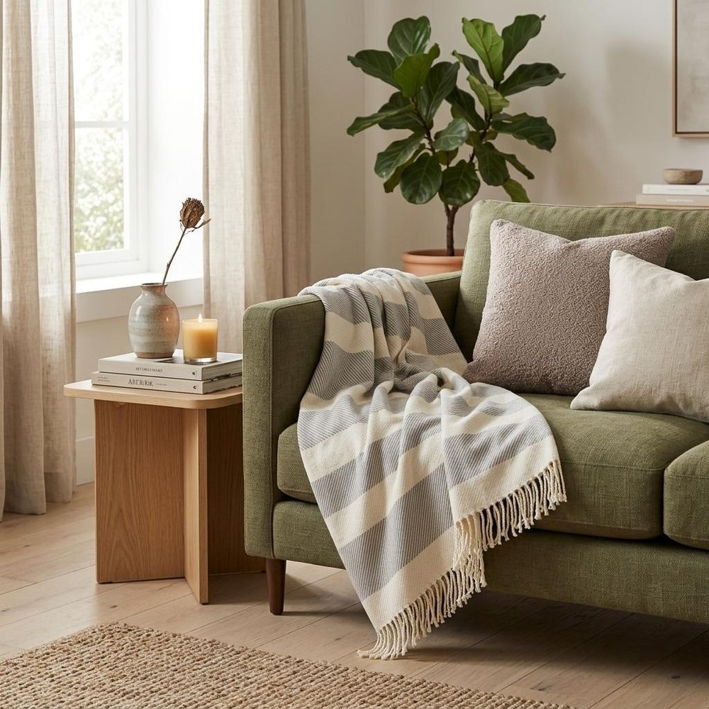 Cream and Gray Slanted Stripe Fringed Throw Blanket