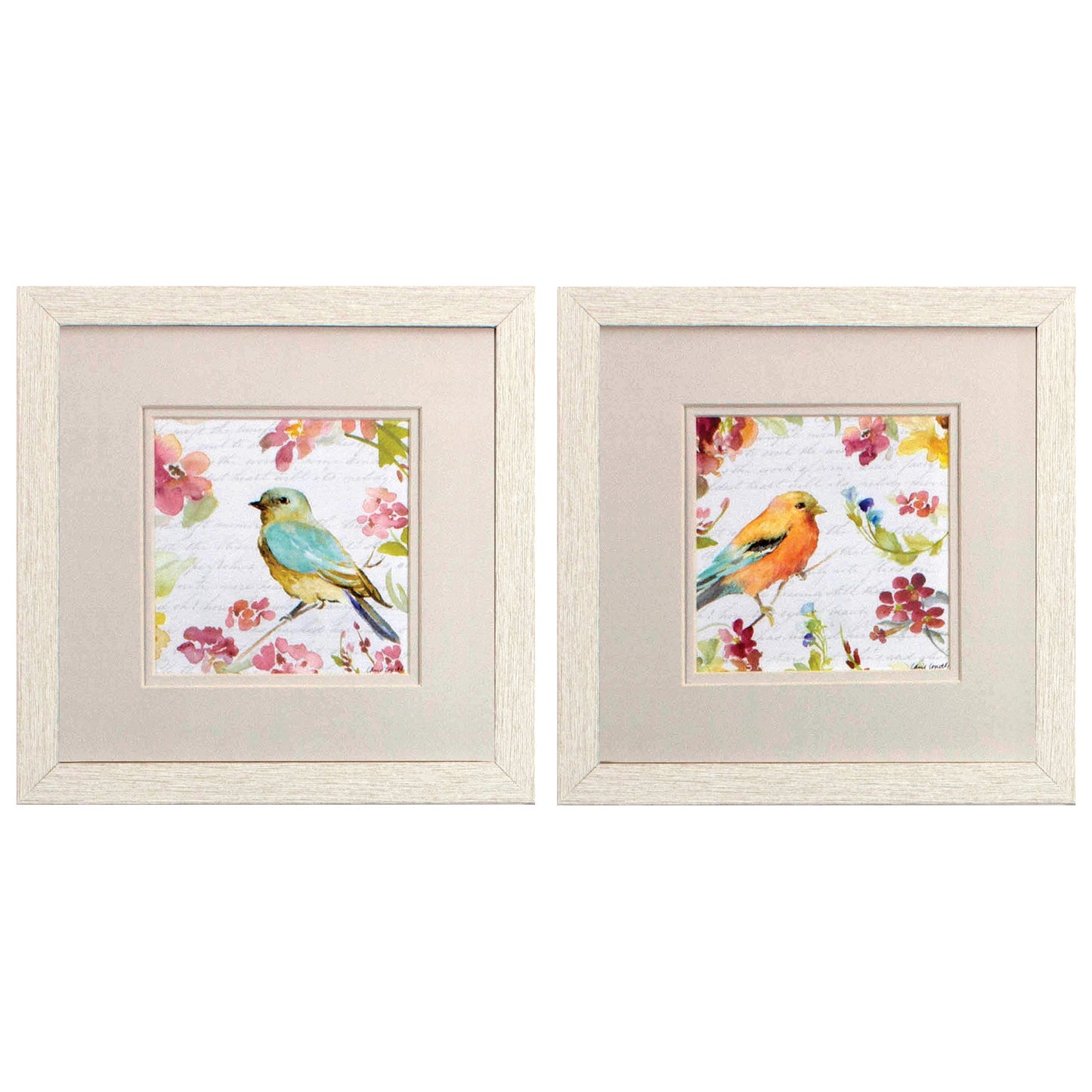 Set of Two Green Flower And Bird Square Framed Art