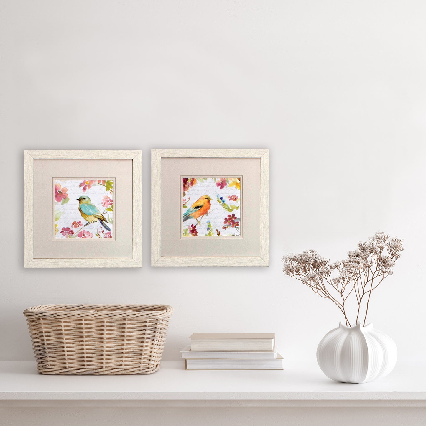 Set of Two Green Flower And Bird Square Framed Art