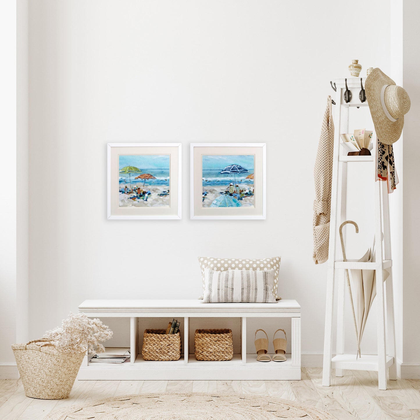 Set of Two Blue Day At The Beach Square Framed Art