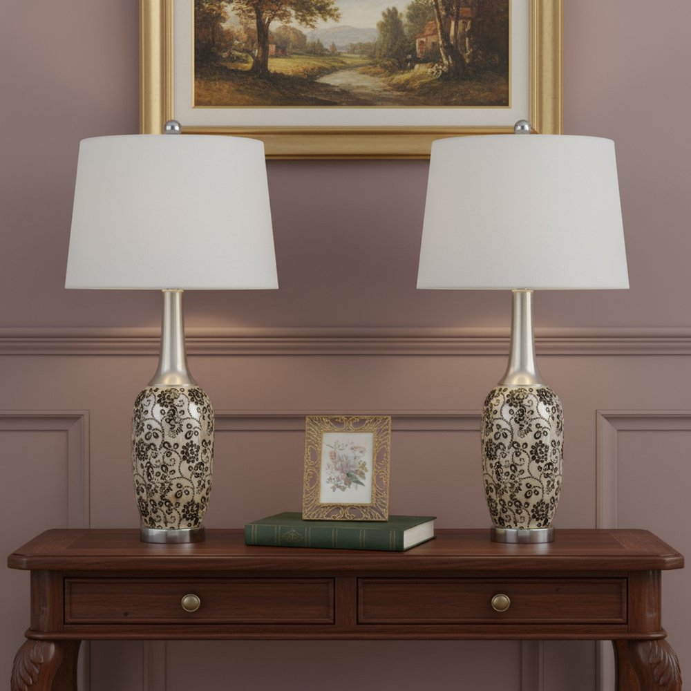 Set Of Two 30" Silver Metal Two Light Bedside Table Lamps With White Globe Shade