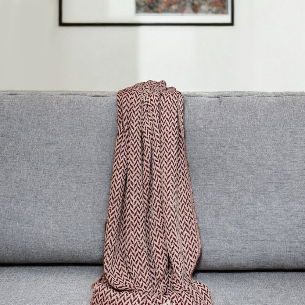 52" X 67" Burgundy And Ivory Cotton Woven Herringbone Throw Blanket with Tassels