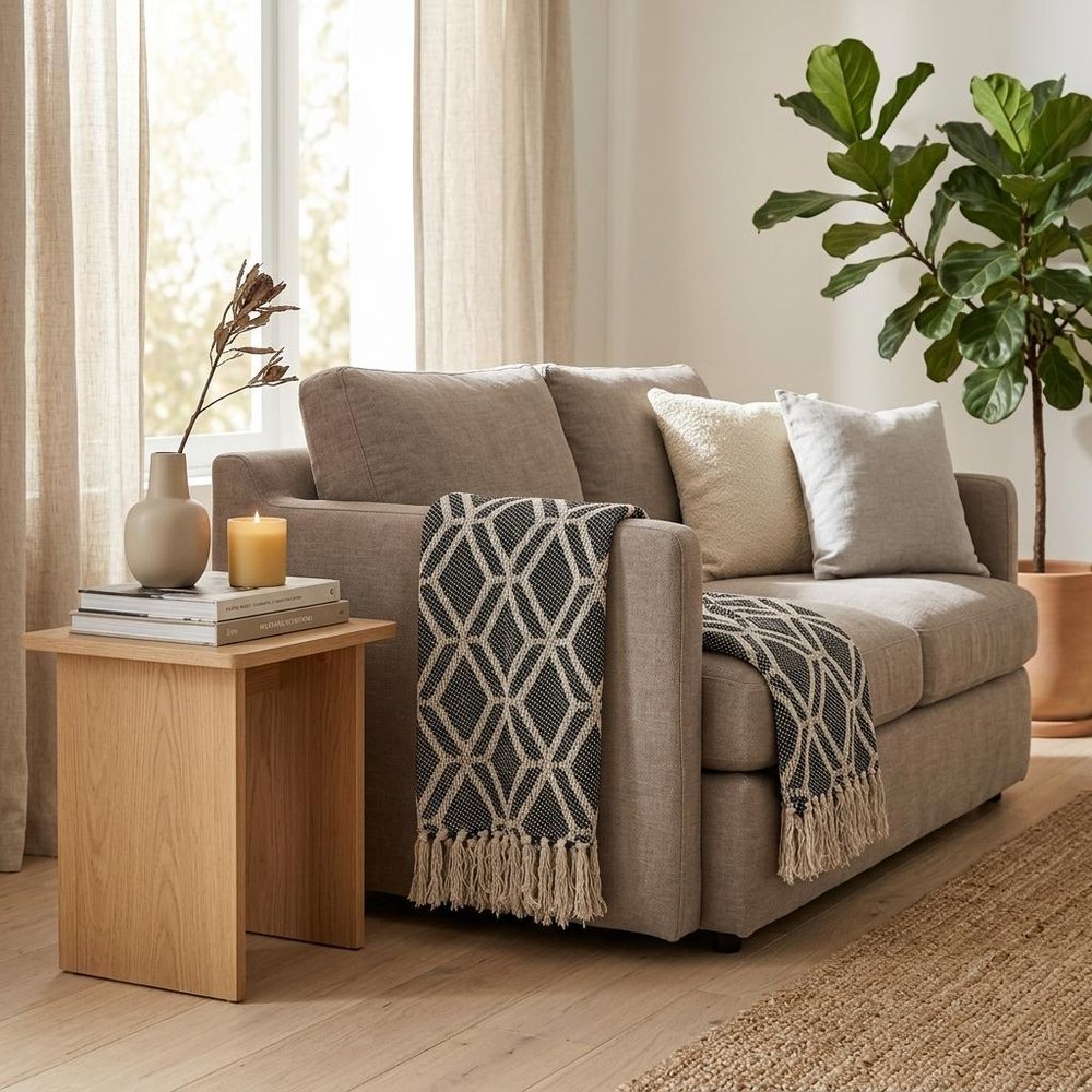 Grey and Beige Handloom Geometric Woven Throw Blanket