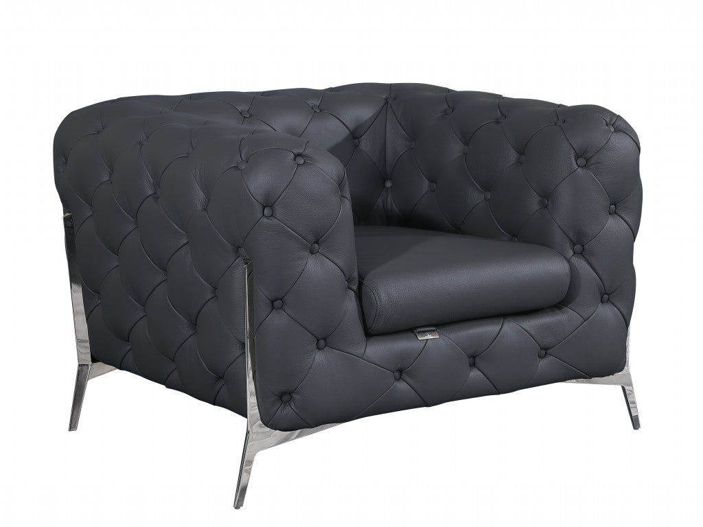 45" Dark Slate Gray And White Italian Leather Arm Chair