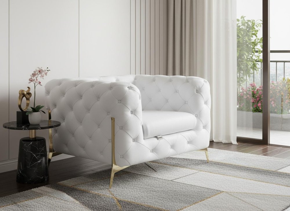 45" White And Gold Italian Leather Arm Chair