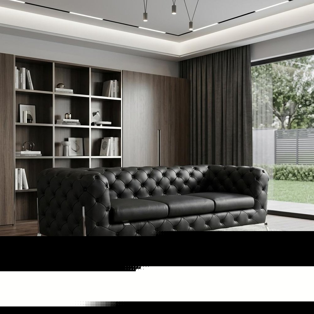 93" Black Italian Leather Chesterfield Sofa With Silver Legs