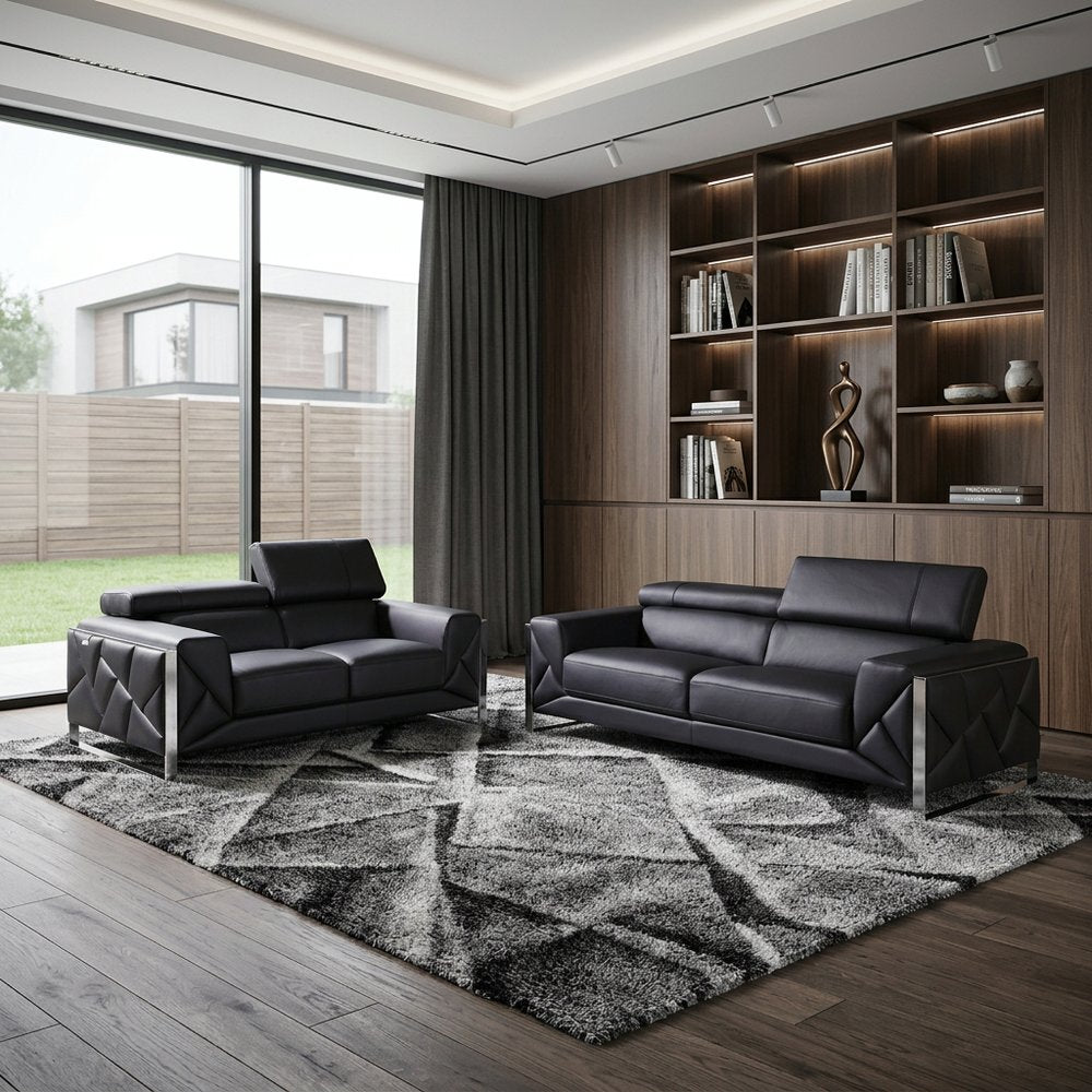 Two Piece Indoor Black Italian Leather Five Person Seating Set