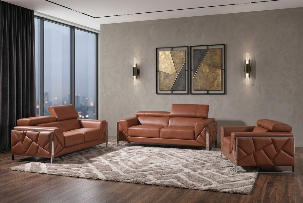 Three Piece Indoor Camel Italian Leather Six Person Seating Set