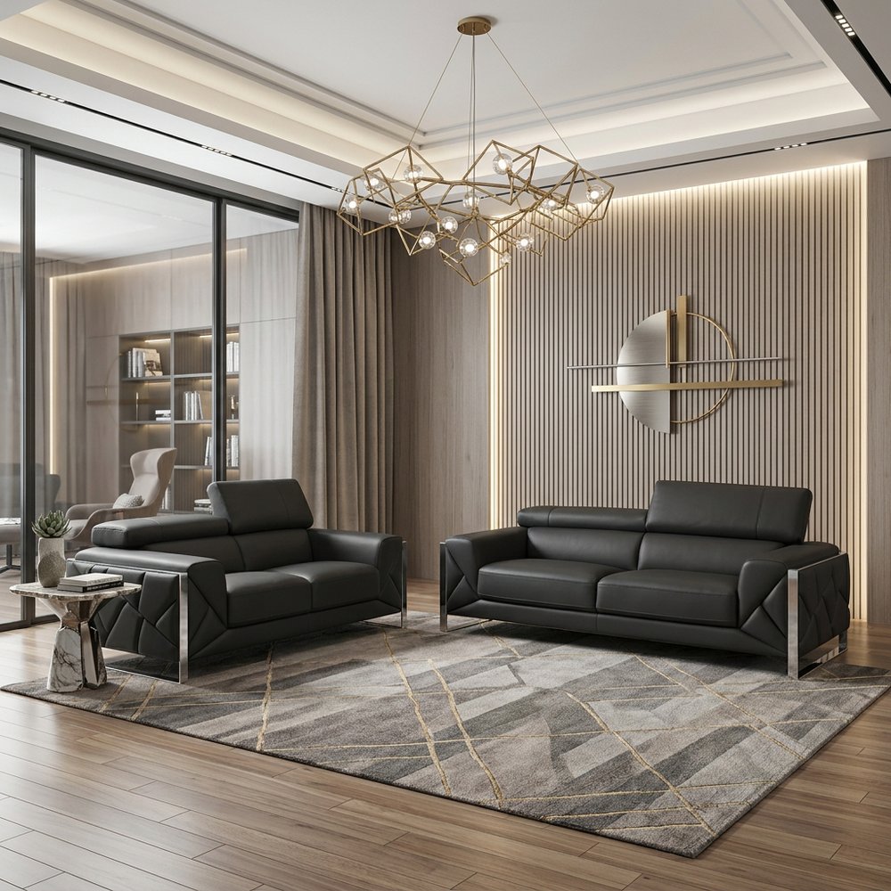 Two Piece Indoor Dark Gray Italian Leather Five Person Seating Set