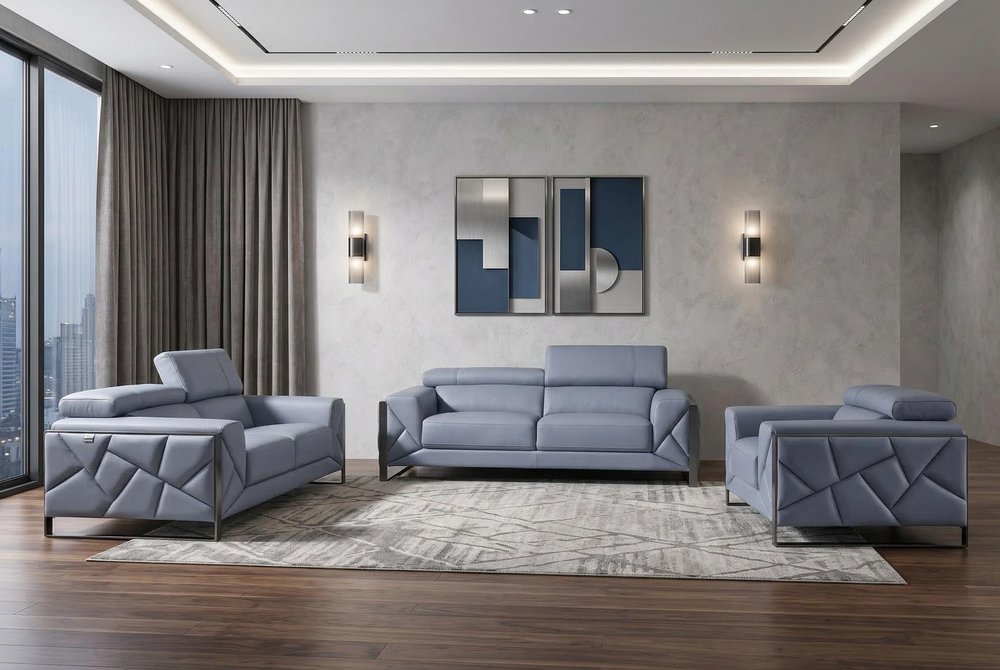 Three Piece Indoor Light Blue Italian Leather Six Person Seating Set