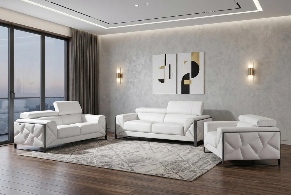 Three Piece Indoor White Italian Leather Six Person Seating Set