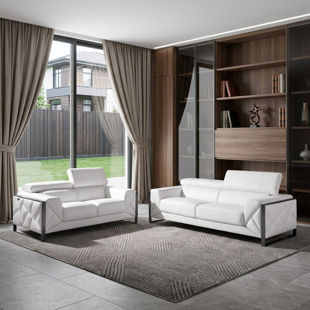 Two Piece Indoor White Italian Leather Five Person Seating Set