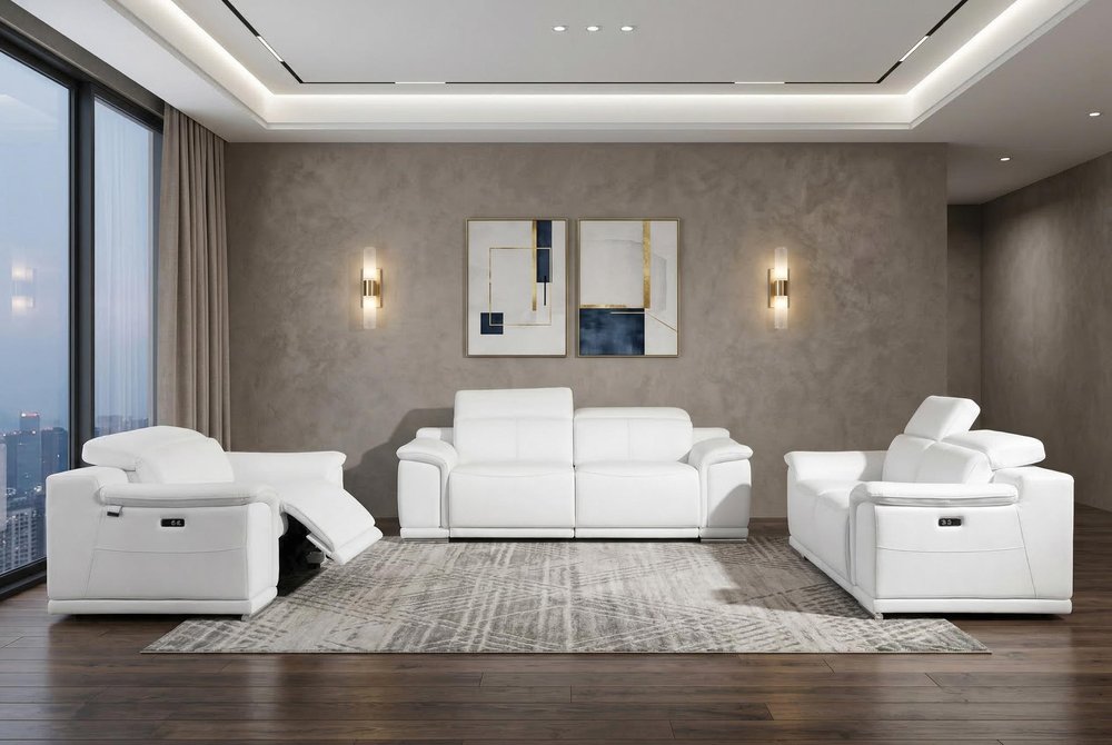 Three Piece Indoor White Italian Leather Six Person Seating Set