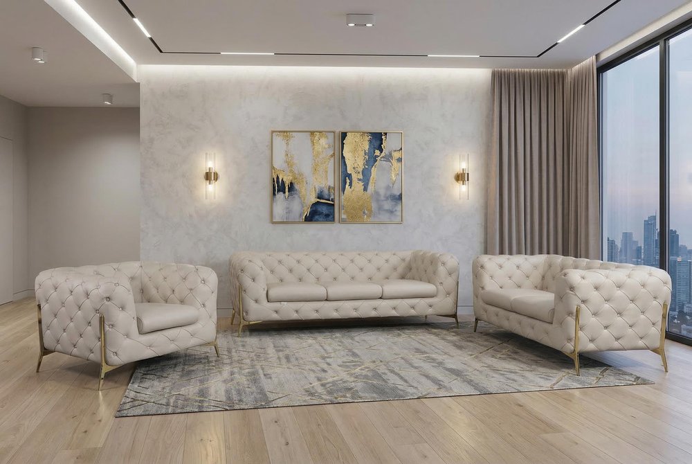 Three Piece Indoor Beige Italian Leather Six Person Seating Set