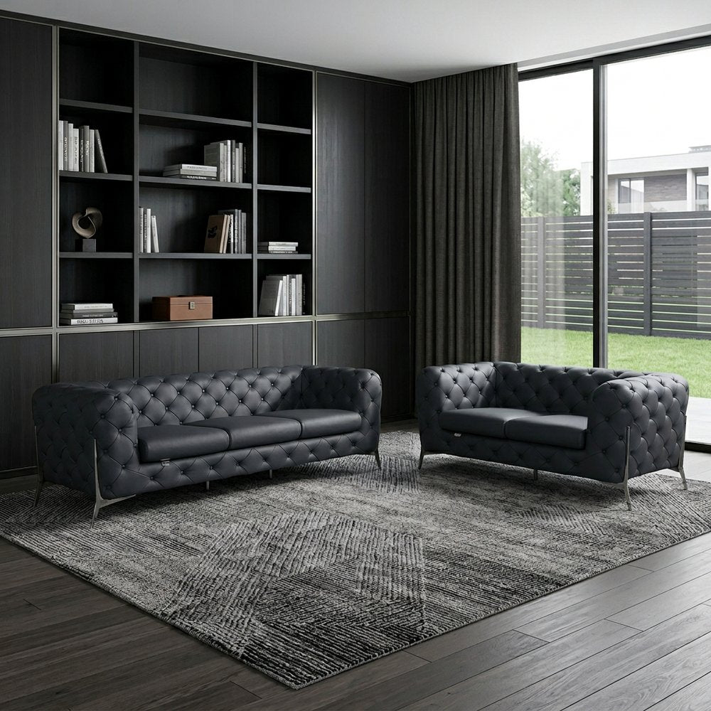 Two Piece Indoor Dark Gray Italian Leather Five Person Seating Set