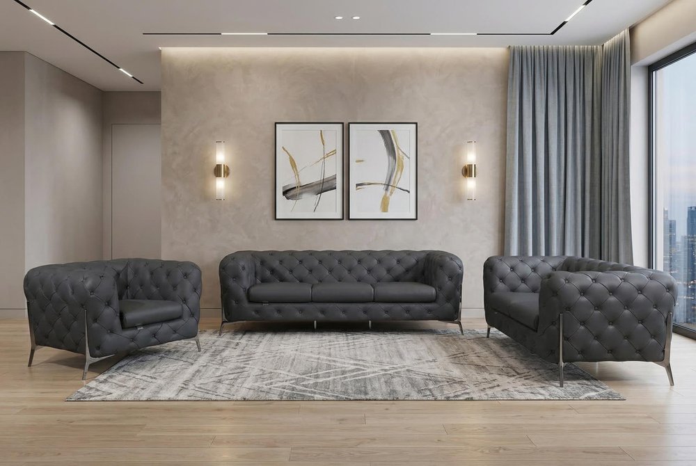 Three Piece Indoor Dark Gray Italian Leather Six Person Seating Set