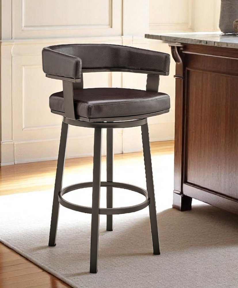 26" Chocolate And Gray Faux Leather And Faux Leather And Iron Low Back Counter Height Swivel Bar Chair