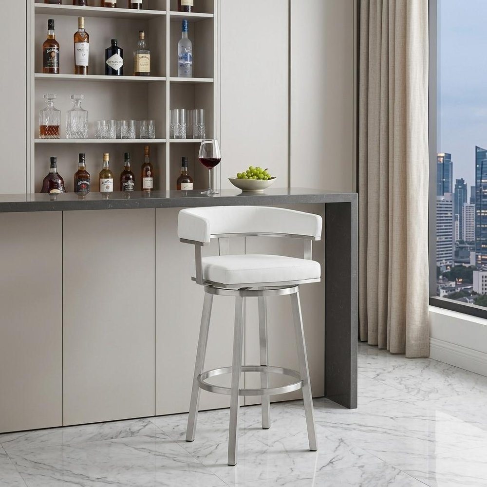 30" White And Silver Faux Leather And Fabric And Steel Low Back Bar Height Swivel Bar Chair