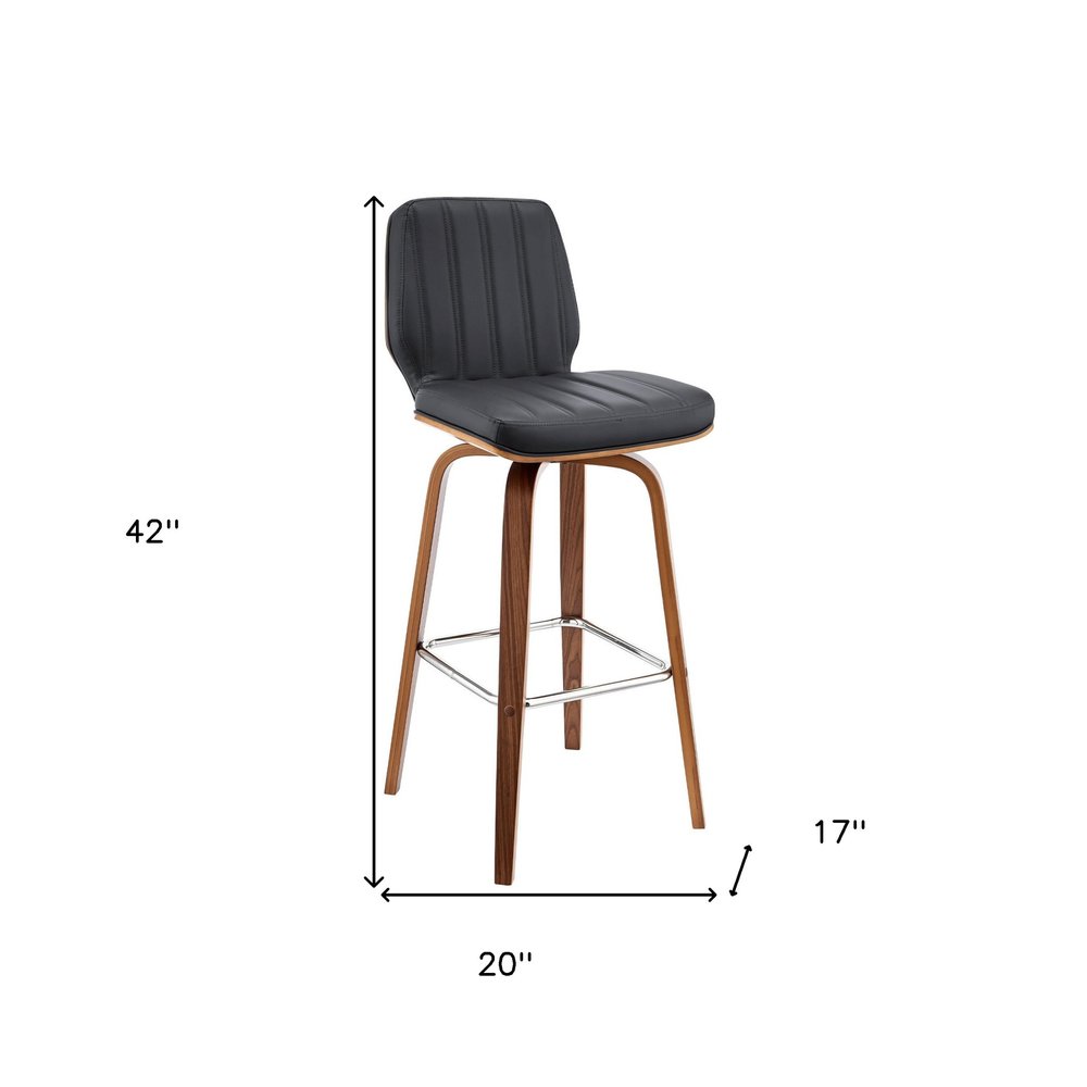 30" Gray and Brown Faux Leather and Solid and Manufactured Wood Bar Height Swivel Bar Chair