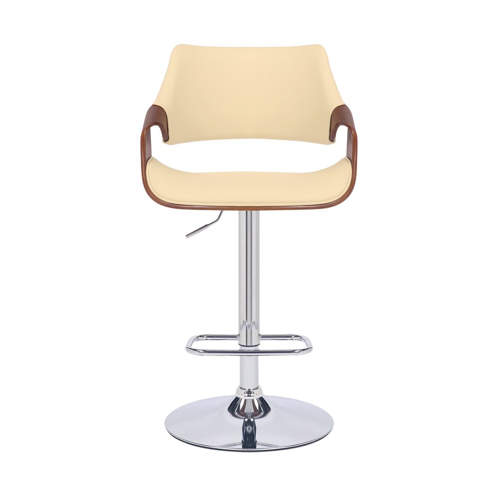Cream and Silver Faux Leather Iron And Wood Adjustable Height Swivel Bar Chair