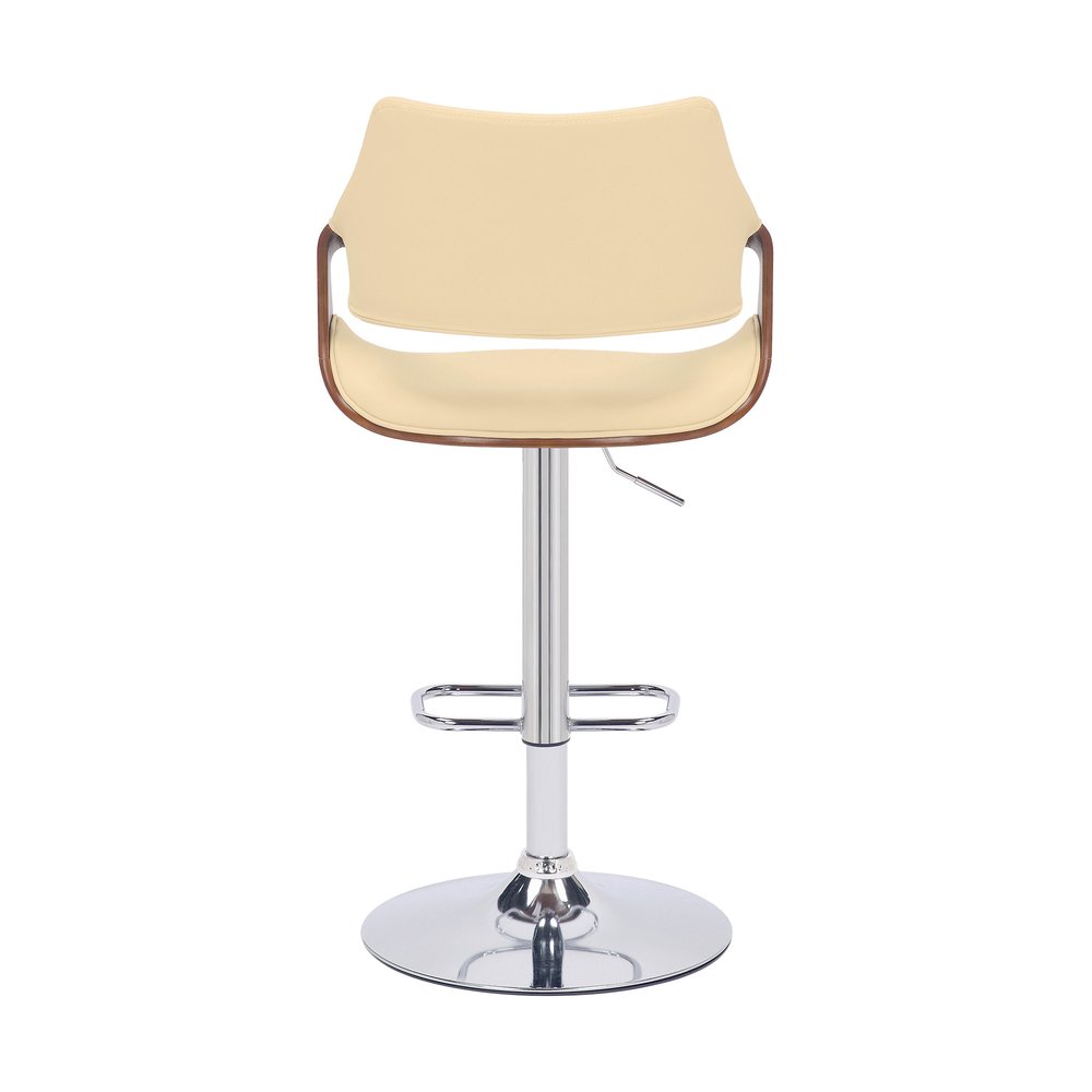 Cream and Silver Faux Leather Iron And Wood Adjustable Height Swivel Bar Chair
