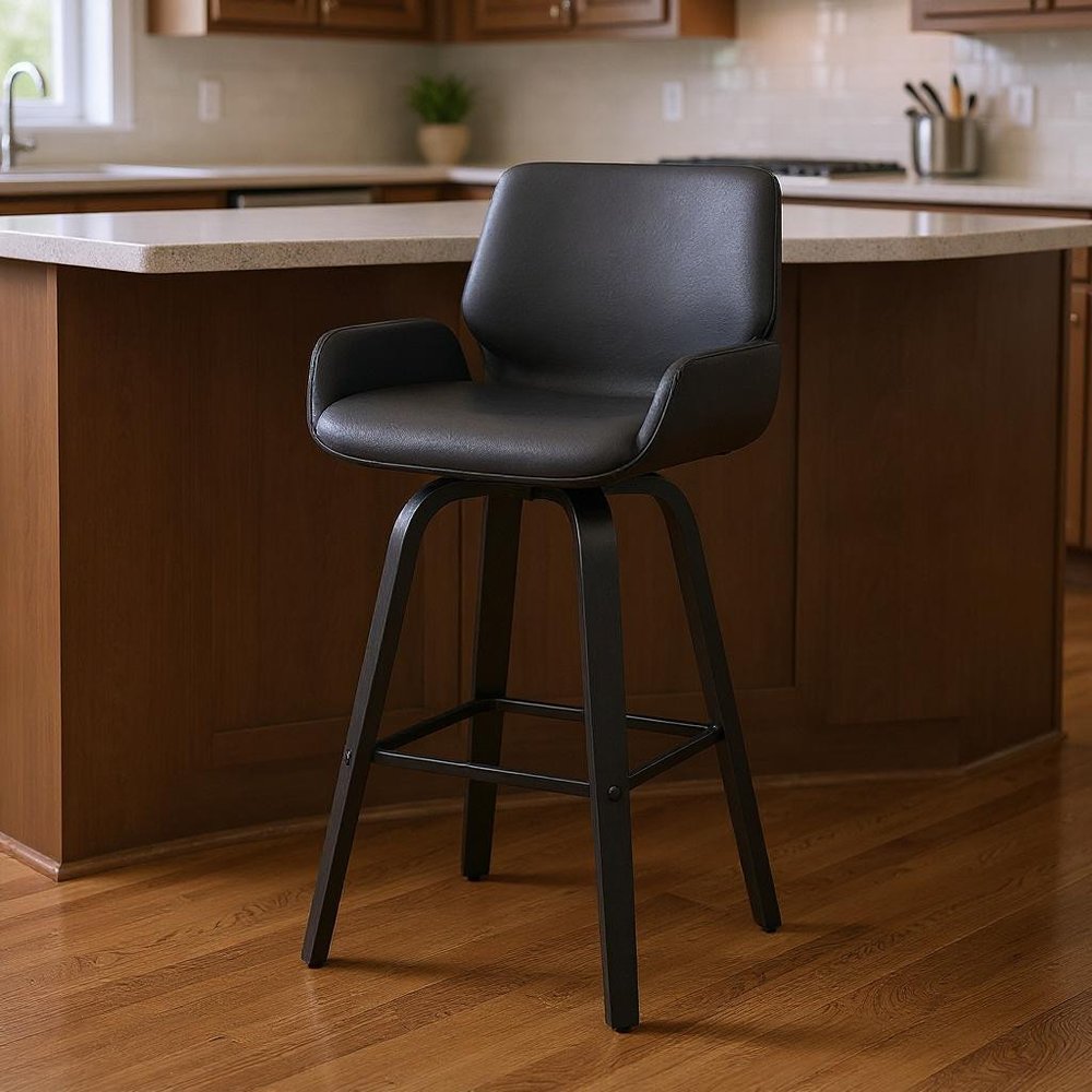 26" Gray And Black Faux Leather And Iron Swivel Counter Height Bar Chair