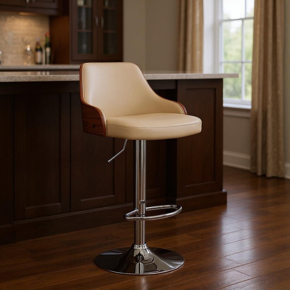 Cream And Silver Fabric And Iron Adjustable Height Swivel Bar Chair