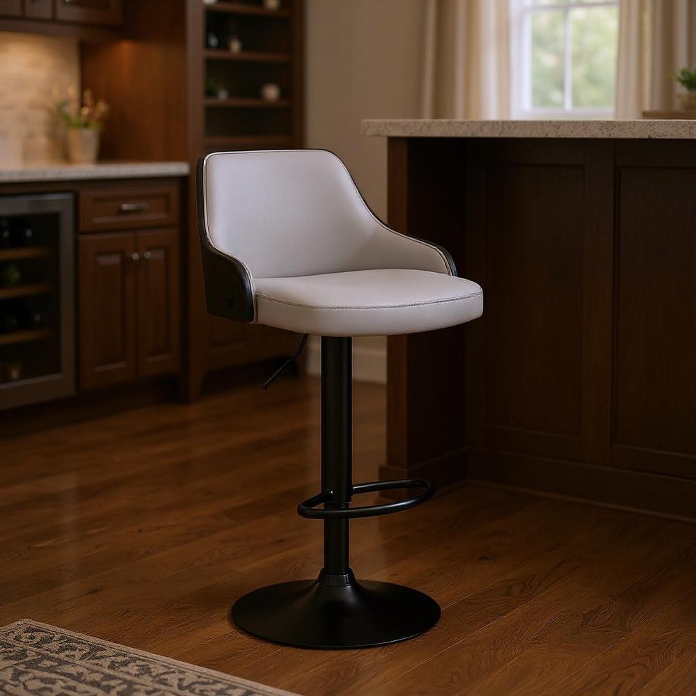 Gray And Black Fabric And Iron Adjustable Height Swivel Bar Chair