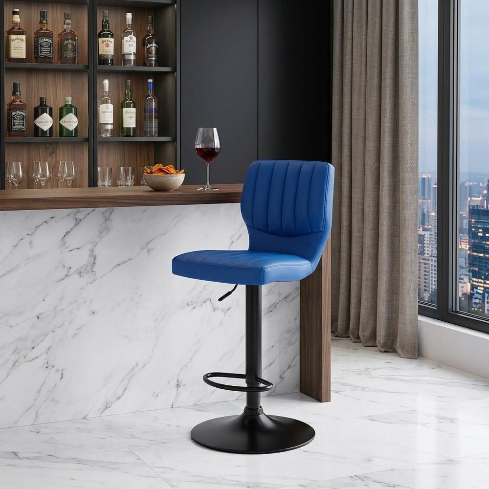 Blue And Black Fabric And Iron Adjustable Height Swivel Bar Chair