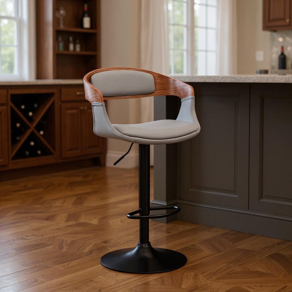 Gray And Black Fabric And Iron Low Back Adjustable Height Swivel Bar Chair