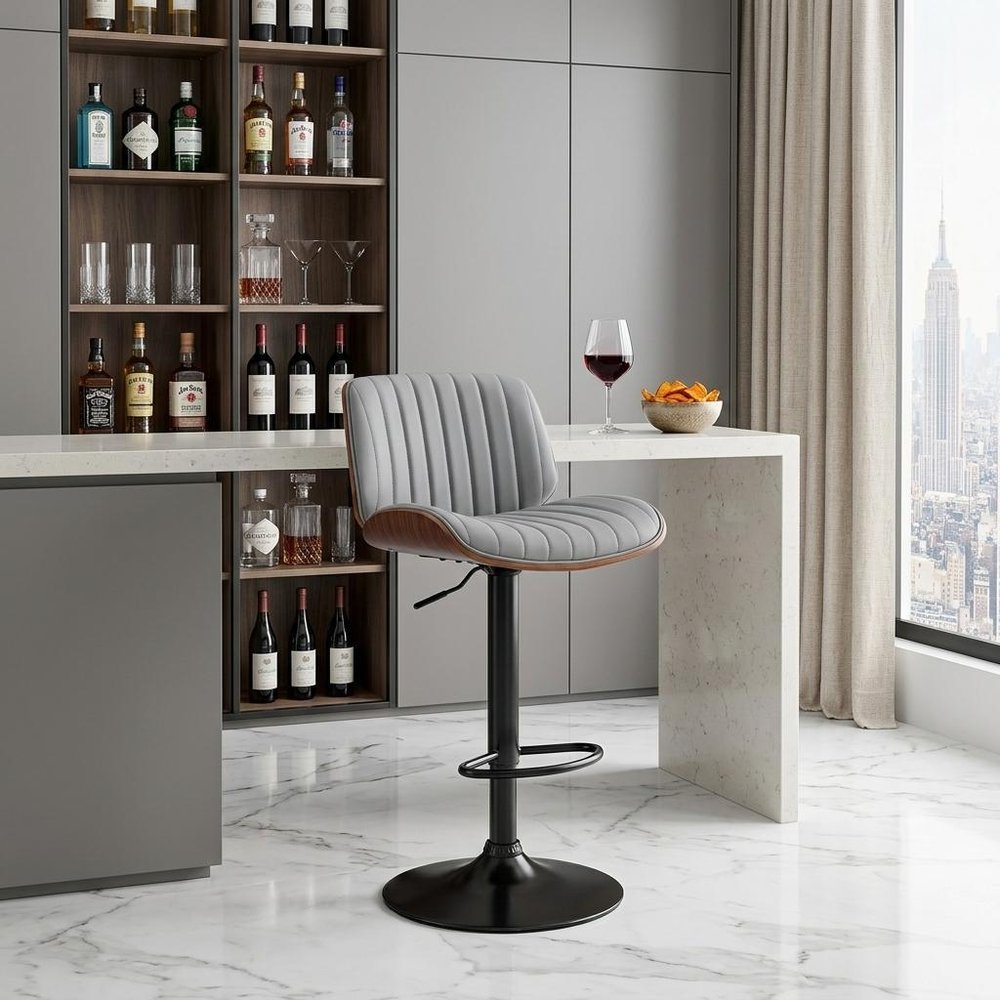 Gray And Black Fabric And Iron Adjustable Height Swivel Bar Chair
