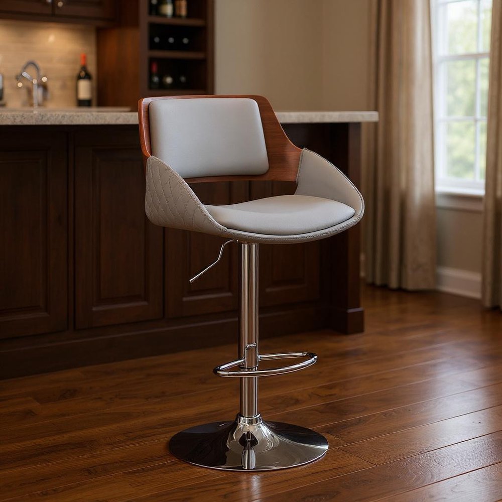 Gray And Silver Fabric And Iron Low Back Adjustable Height Swivel Bar Chair