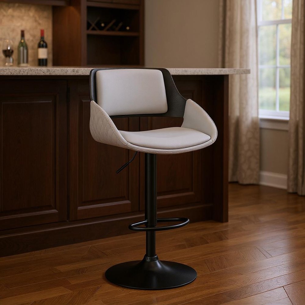 Gray And Black Fabric And Iron Low Back Adjustable Height Swivel Bar Chair