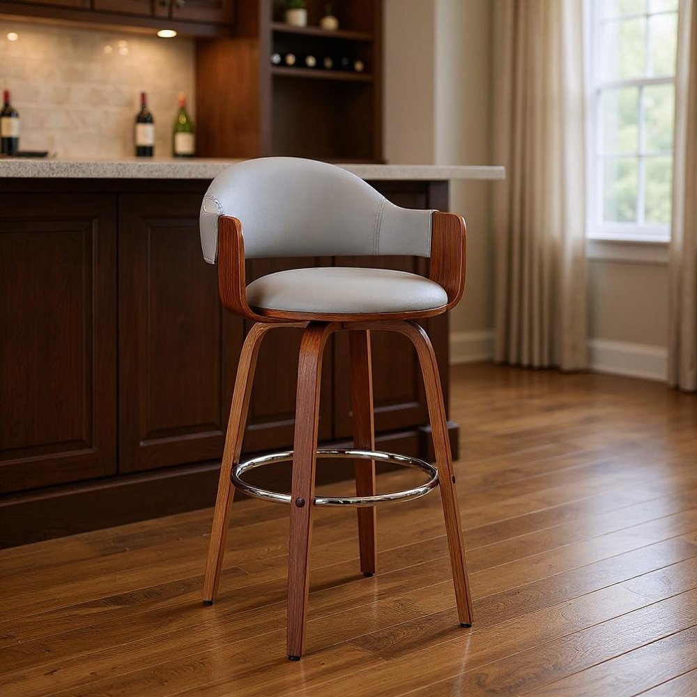 30" Gray And Brown Swivel Low Back Bar Height Bar Chair