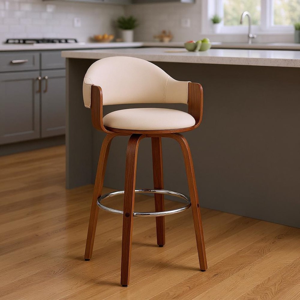 26" Cream And Brown Swivel Low Back Counter Height Bar Chair