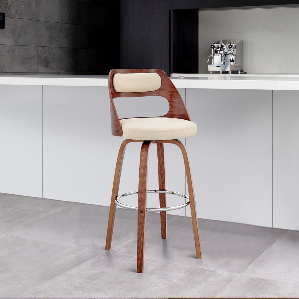 30" Cream and Brown Faux Leather Swivel Bar Chair
