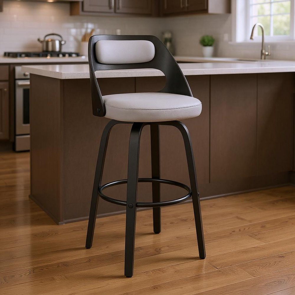 26" Gray And Black Faux Leather And Iron Swivel Counter Height Bar Chair