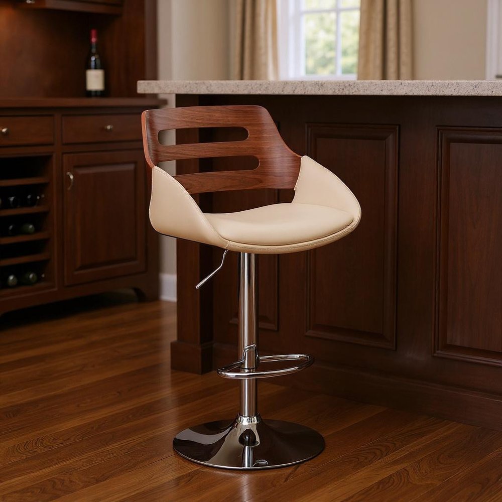 25" Cream And Silver Iron Swivel Low Back Adjustable Height Bar Chair