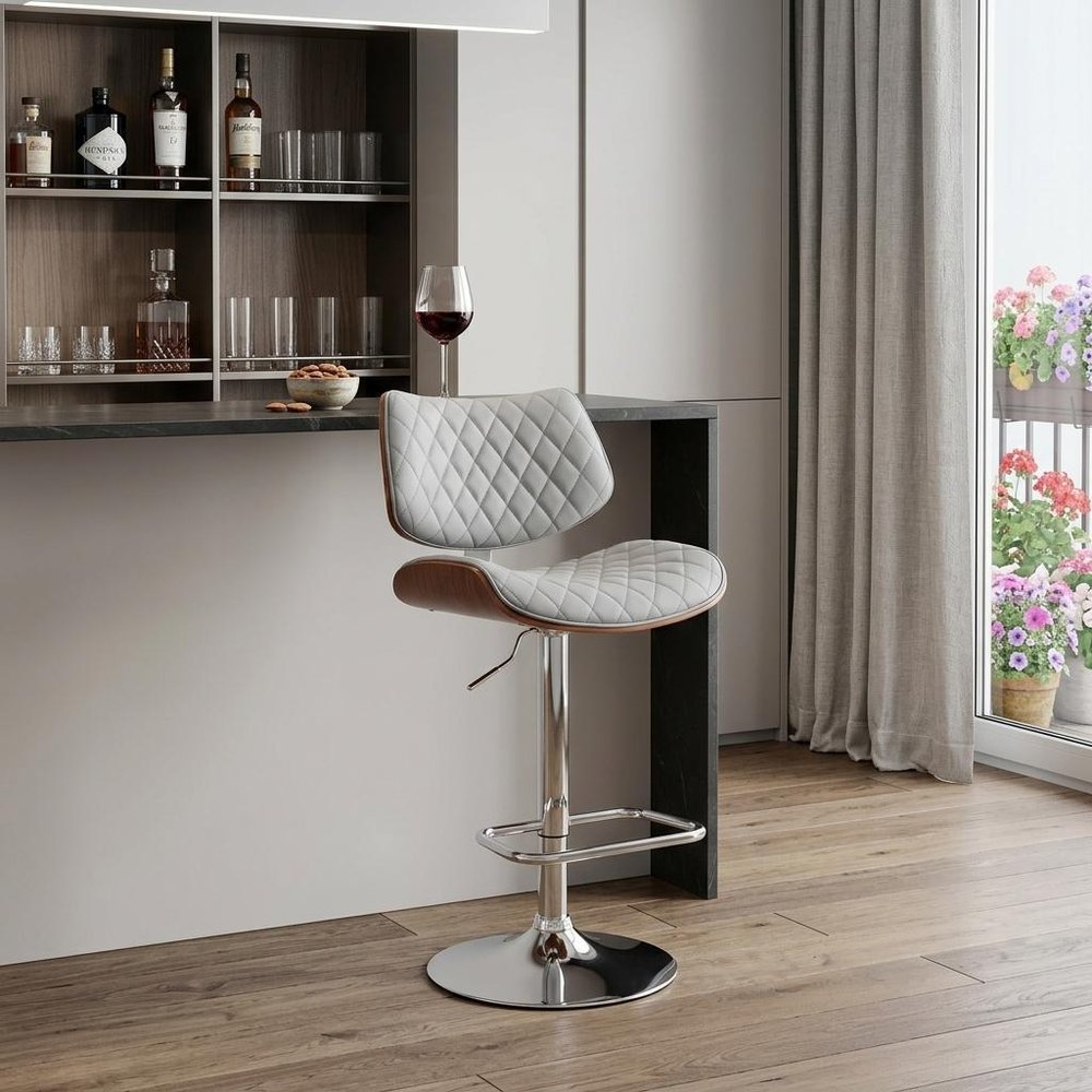 24" Gray And Silver Faux Leather And Iron Swivel Low Back Adjustable Height Bar Chair