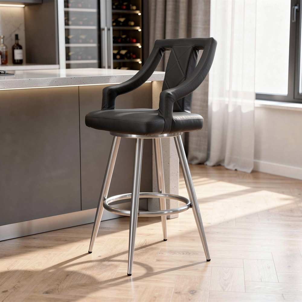 29" Gray And Silver Faux Leather And Iron Swivel Bar Height Bar Chair