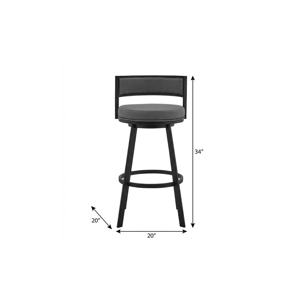 26" Gray And Black Faux Leather And Iron Swivel Low Back Counter Height Bar Chair