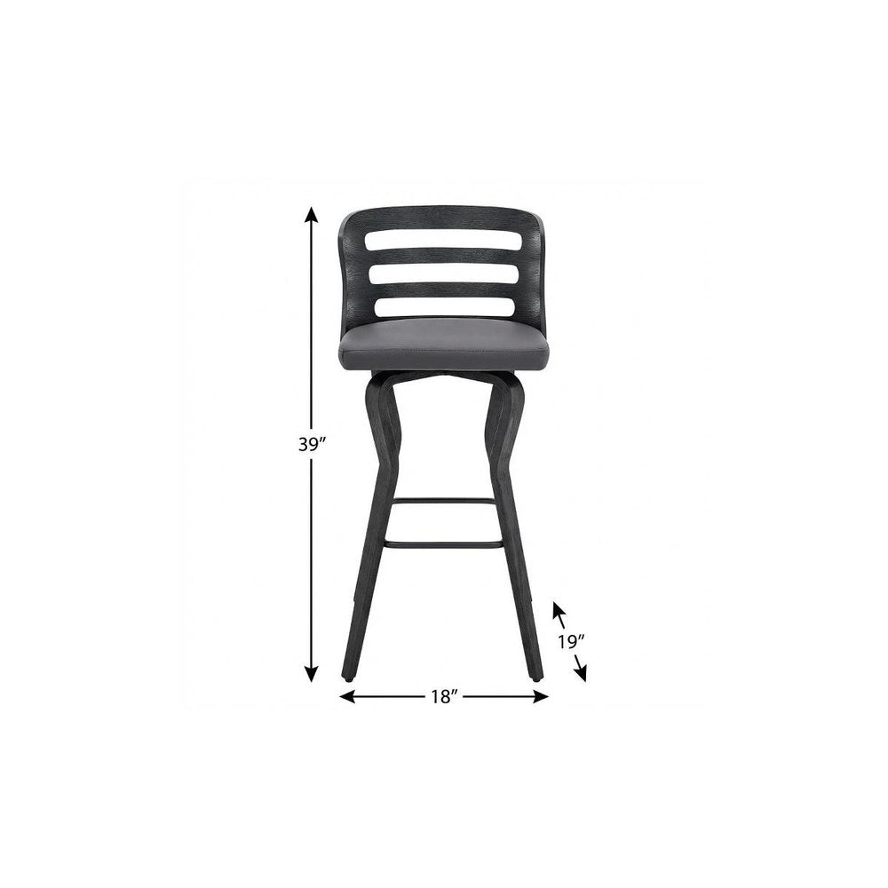 29" Gray And Black Faux Leather And Iron Swivel Low Back Bar Height Bar Chair