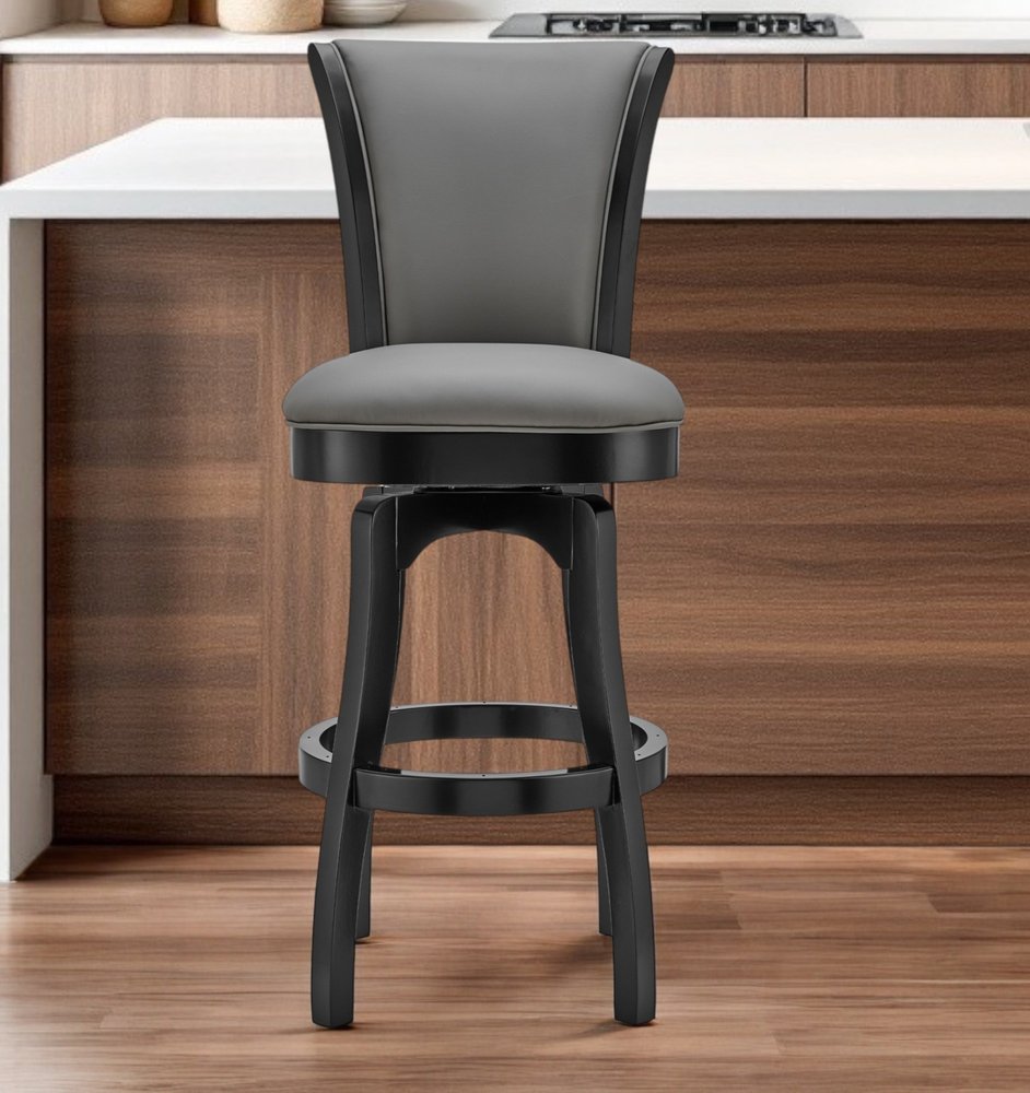 30" Gray And Black Faux Leather And Iron Swivel Bar Height Bar Chair