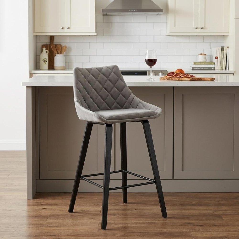 26" Gray And Black Fabric And Iron Counter Height Bar Chair