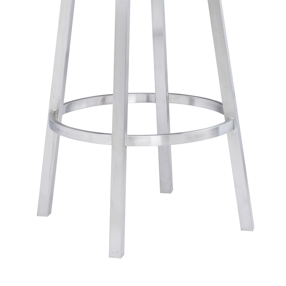 30" White and Silver Faux Leather and Iron Low Back Bar Height Swivel Bar Chair