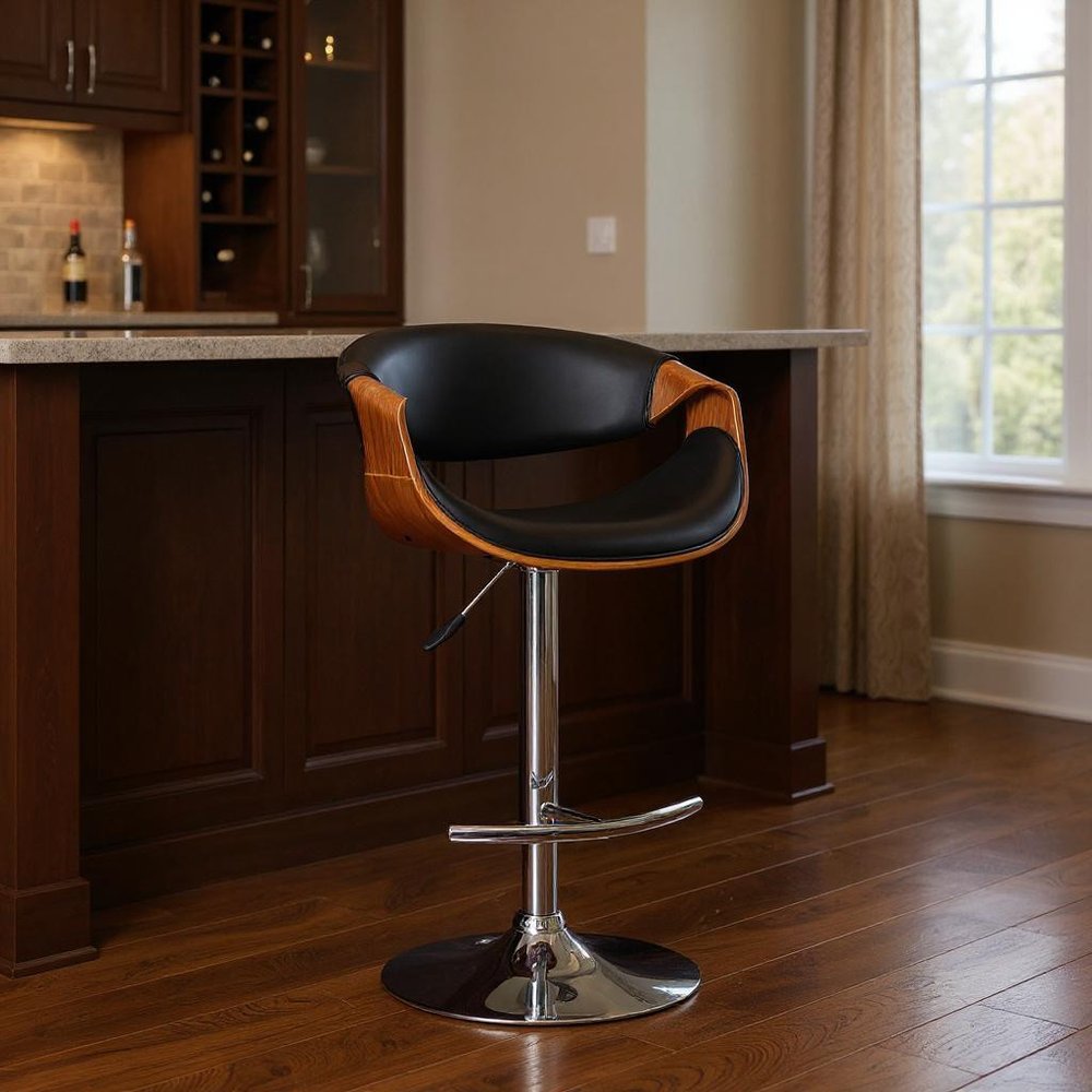 24" Black And Silver Solid Wood Swivel Low Back Adjustable Height Bar Chair