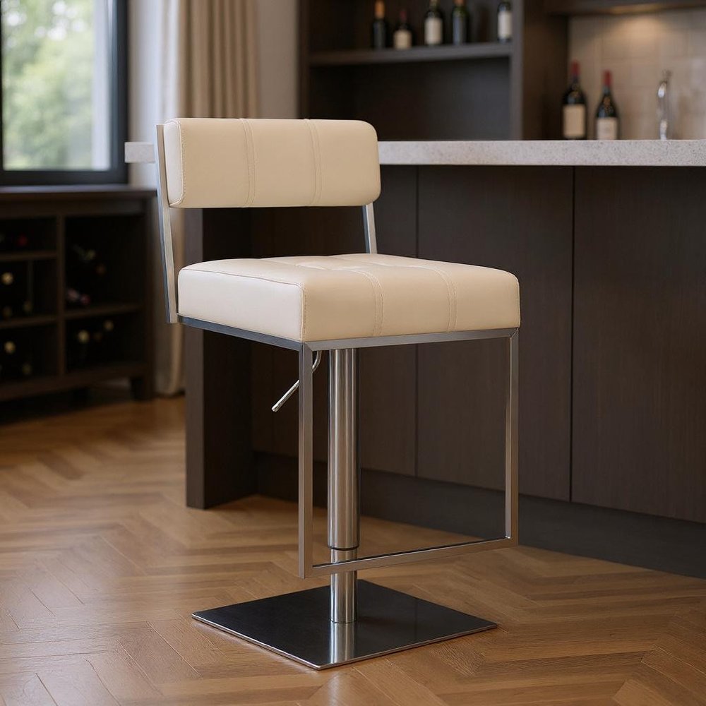 25" White And Silver Faux Leather And Iron Swivel Low Back Adjustable Height Bar Chair