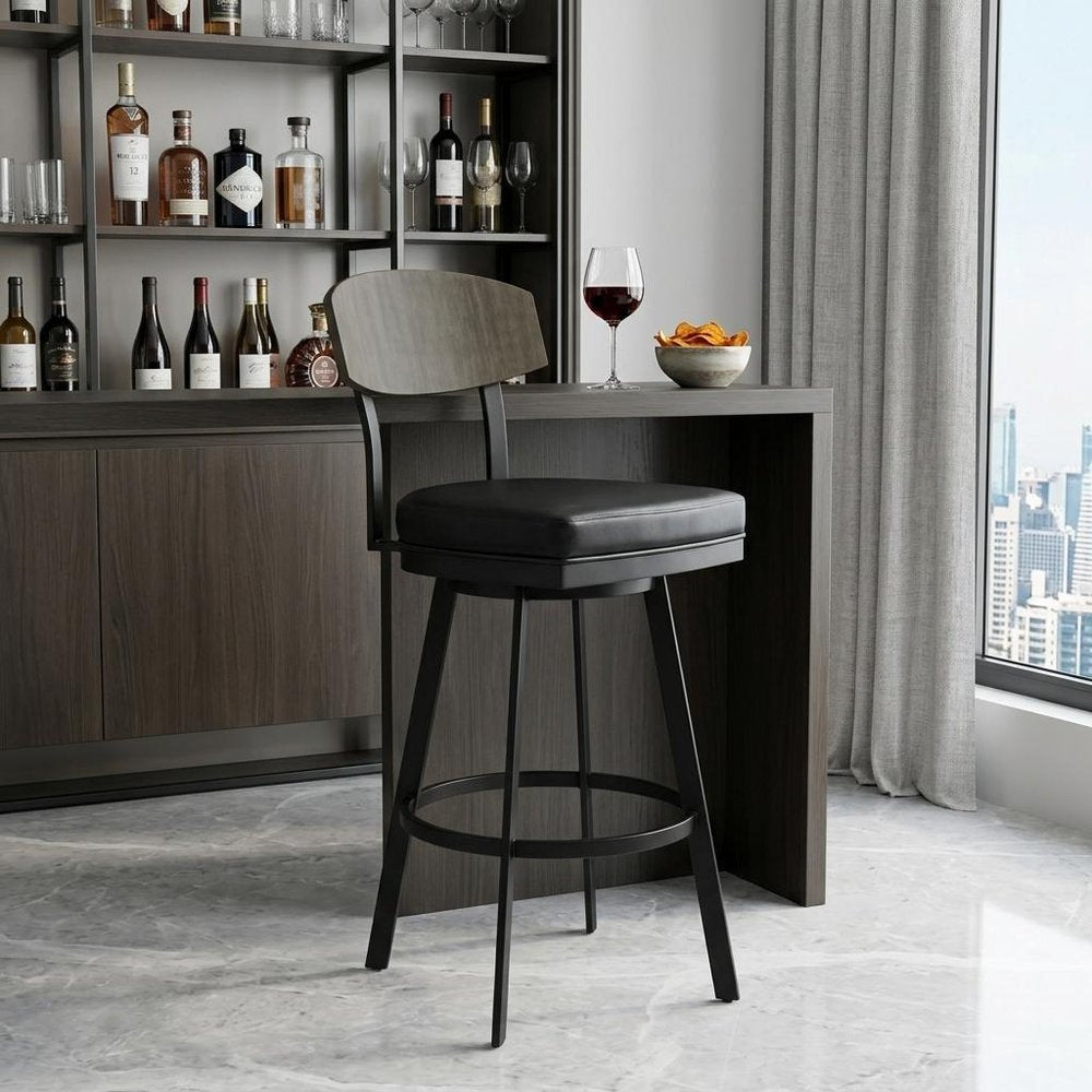 30" Black Fabric And Iron Bar Height Bar Chair