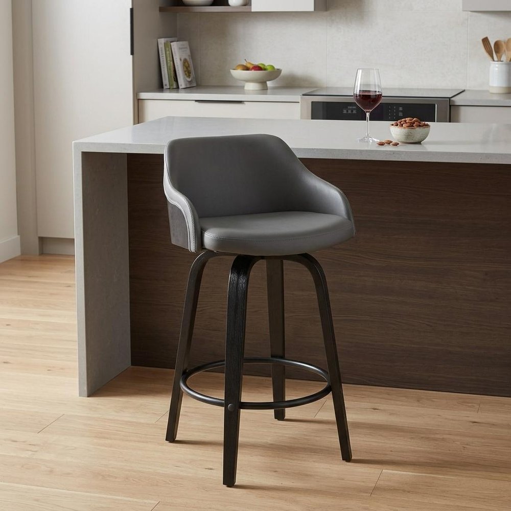 26" Gray And Black Fabric And Iron Low Back Counter Height Swivel Bar Chair