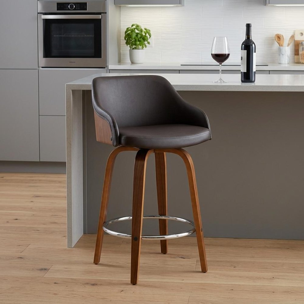 26" Brown Fabric And Iron Low Back Counter Height Swivel Bar Chair